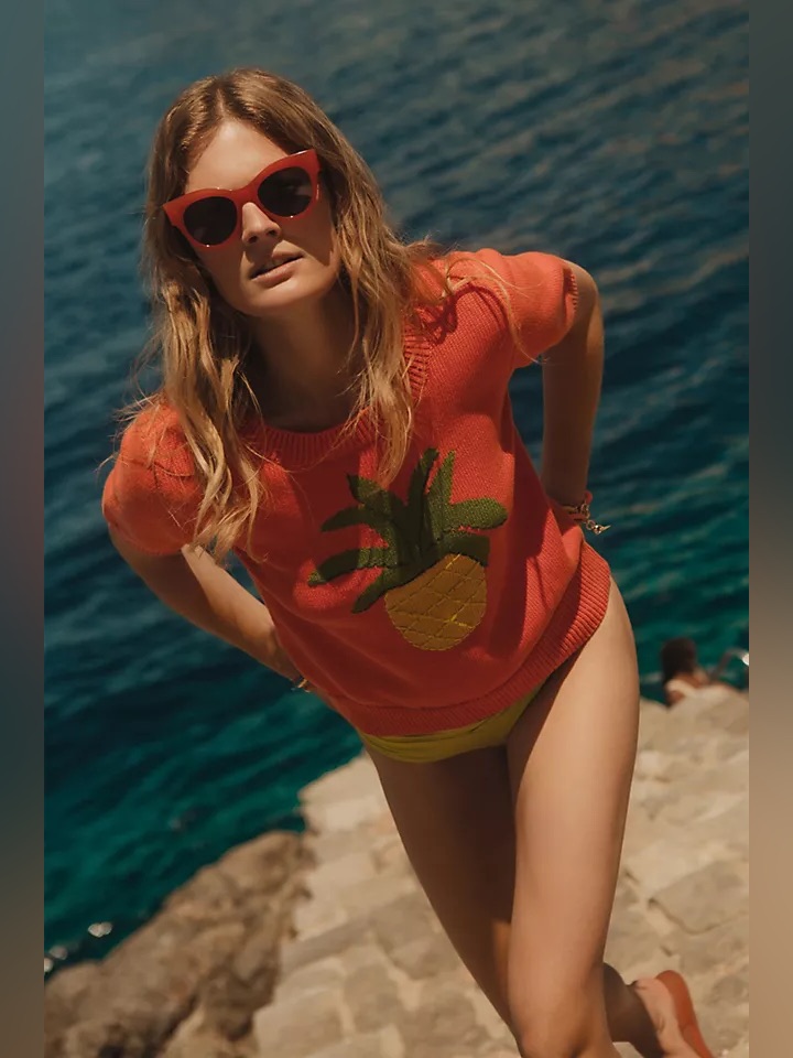 Anthropologie Callahan Knitwear Cotton Pineapple Embroidered Sweater Tee - Small